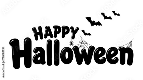 Happy Halloween: a spooky typography of Happy Halloween with playful and ghostly illustrations of bats and spider webs, all in a playful monochrome and inviting and playful.