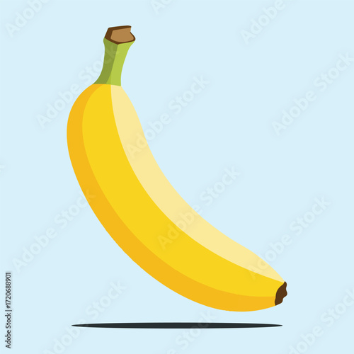 Single Yellow Banana With Green Stem On Light Blue Background