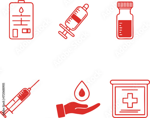 Red Medical Icons for Blood Transfusion and Health