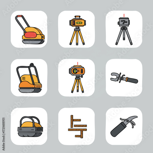 Clean modern flat design icons showcasing essential construction, surveying, and maintenance tools, including compactors, laser levels, and wrenches.