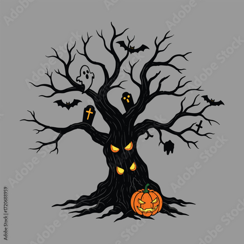 Spooky Halloween Tree With Jack-o- Lantern And Ghosts