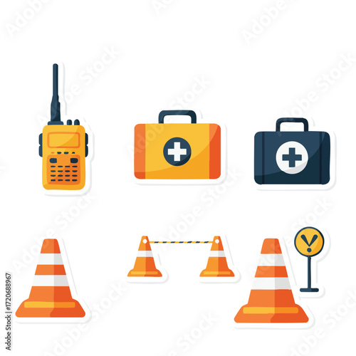A vibrant collection of modern flat design safety and emergency response equipment stickers, including first aid kits, traffic cones, and a walkie-talkie, on white.