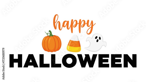 Spooky Celebration: The essence of Halloween in this festive graphic, featuring a pumpkin, candy corn, and a friendly ghost, all proclaiming Happy Halloween with joyous enthusiasm. 
