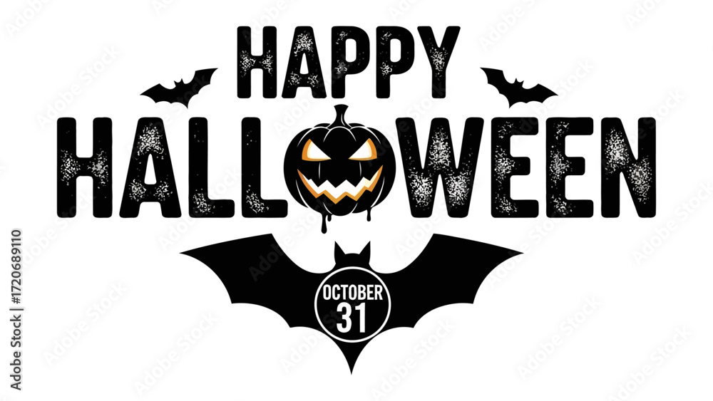 Fototapeta premium Spooky Halloween Icon: A creatively illustrated Halloween logo, featuring a grinning pumpkin, bats, and the words Happy Halloween, perfect for seasonal promotions. 