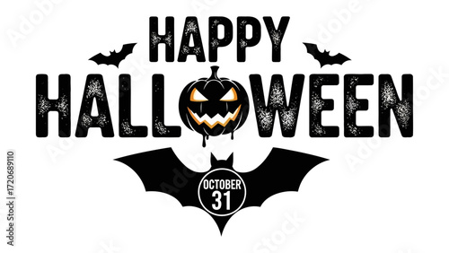 Spooky Halloween Icon: A creatively illustrated Halloween logo, featuring a grinning pumpkin, bats, and the words Happy Halloween, perfect for seasonal promotions. 