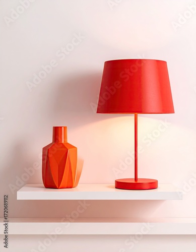 Orange lamp and vase on white shelf