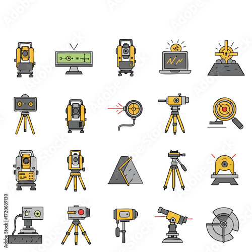 A diverse collection of modern surveying and geodetic equipment icons, illustrating essential precision tools for land measurement, engineering, and construction.