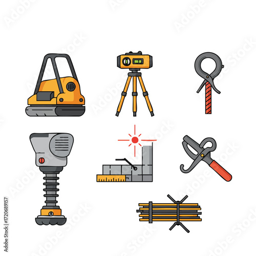 This vector illustration presents a comprehensive set of construction and surveying tools, featuring compactors, rebar equipment, and leveling instruments.