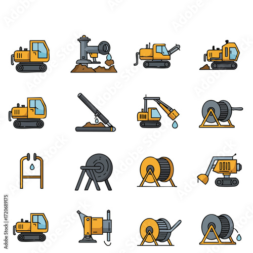 A comprehensive collection of flat design icons illustrating essential heavy construction and industrial machinery such as excavators, drilling rigs, and winches.