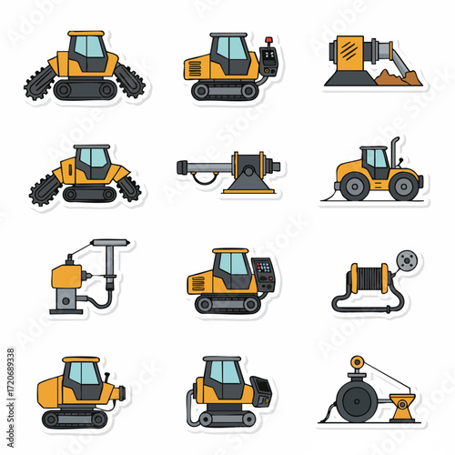 An engaging set of yellow and black industrial machinery and construction vehicles, presented as stylized cartoon stickers, perfect for various engineering and heavy industry designs.