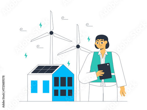 Use of solar energy as a source of electricity and windmills producing additional electrical energy. Green energy vector illustration. Flat illustration.