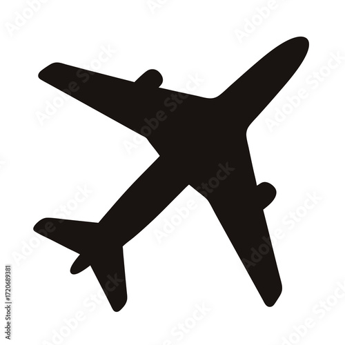 Black silhouette of an airplane viewed from above against white background