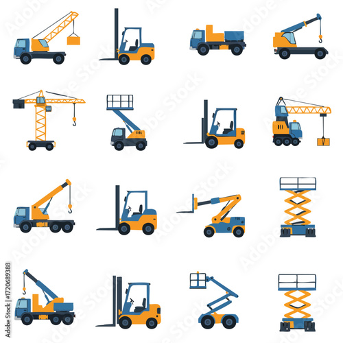 Flat design icons depict construction and industrial lifting equipment, including cranes, forklifts, and aerial work platforms.