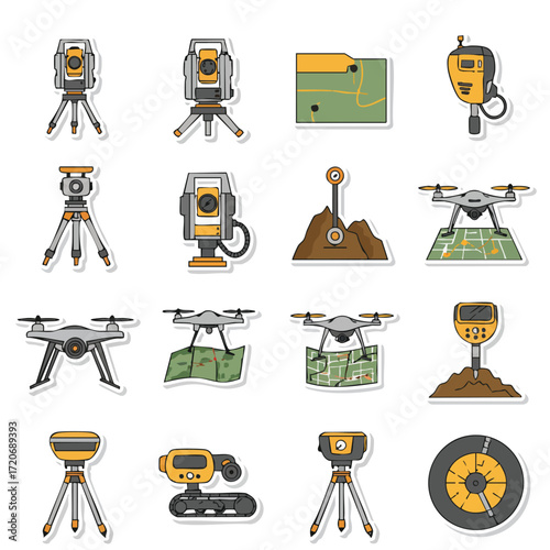A comprehensive set of professional surveying and geodetic equipment icons, depicting total stations, GPS units, and mapping drones for accurate land assessment.
