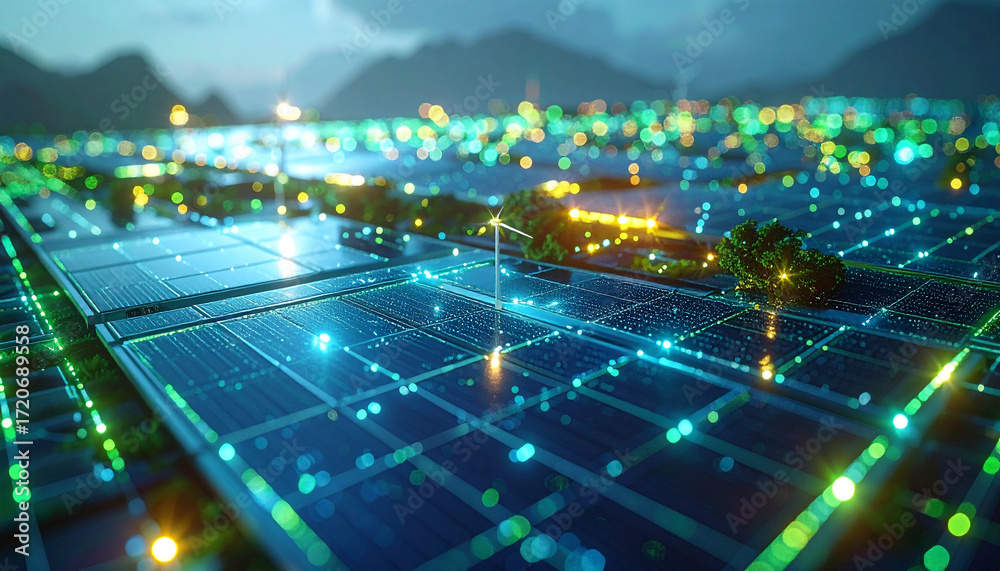 Obraz premium Solar Power Revolution: An advanced and modern image of a vast solar panel farm under the tranquil moonlight, surrounded by nature, symbolizing sustainable innovation for a greener tomorrow.