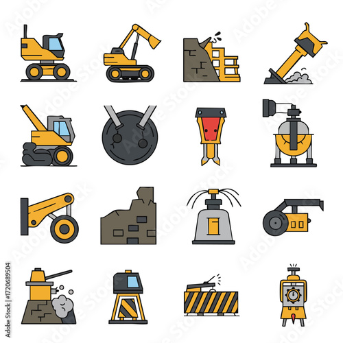 A vibrant collection of modern outline vector icons illustrating essential heavy industrial, construction, and mining machinery and production processes.