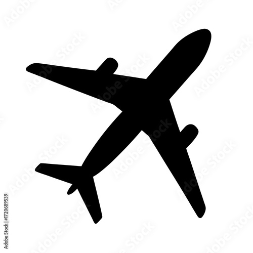 Airplane icon in black silhouette against a white background for transportation concepts