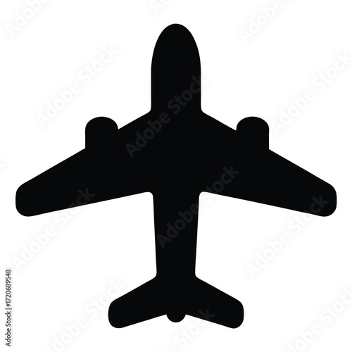 Black silhouette icon representing a passenger airplane viewed from above on white