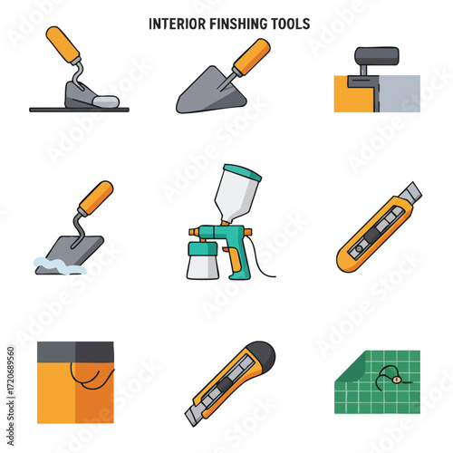 A vibrant collection of flat design icons illustrating essential interior finishing tools and equipment, perfect for construction and DIY renovation.