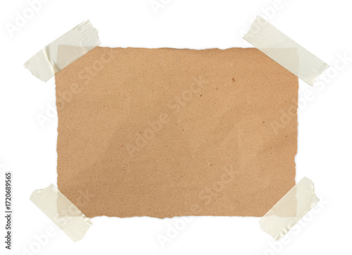 notes torn from old brown kraft paper wrinkles stuck with masking tape on all four corners isolated on transparent background or png file.