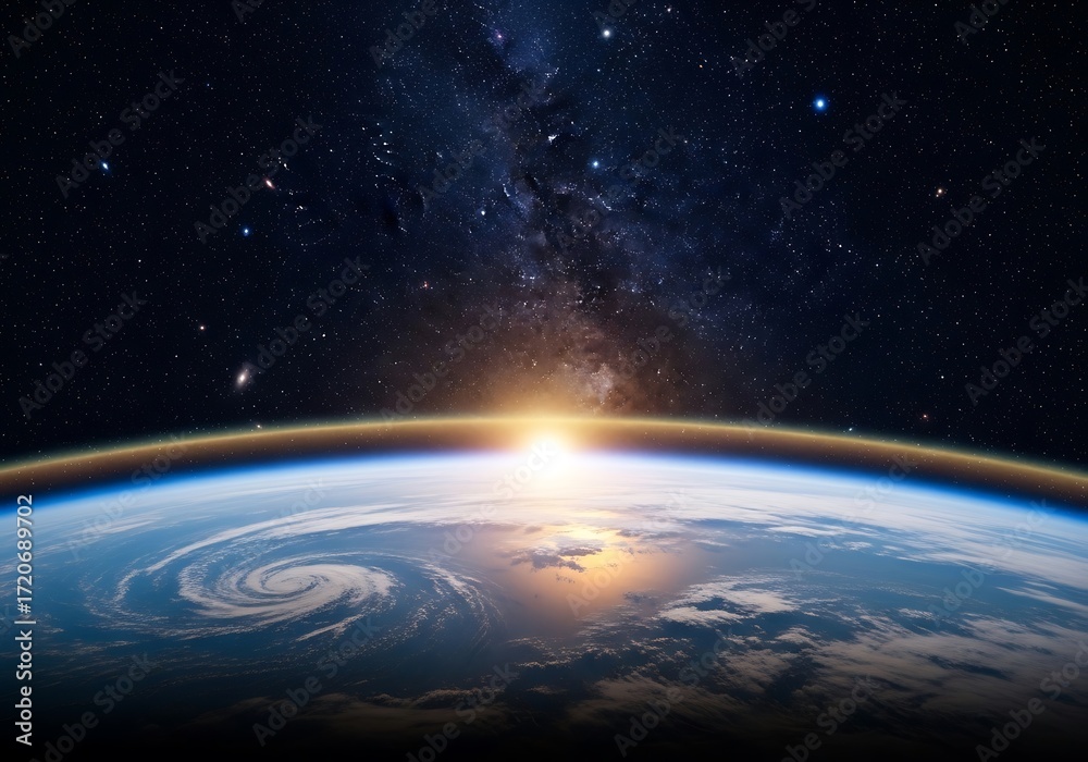 Obraz premium Vast expanse of space showcases Earth's beauty at sunrise, with a dramatic view of the galaxy and atmosphere.