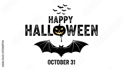 Happy Halloween greeting illustration: A striking, high-contrast illustration showcasing the essence of Halloween: with a grinning jack-o'-lantern, bats, and a bold declaration.