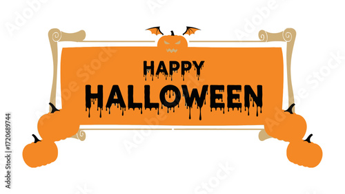 Happy Halloween: A festive Halloween greeting on an orange banner adorned with pumpkins and bats, against a backdrop of dark, dripping letters, evoking the spirit of the holiday.
