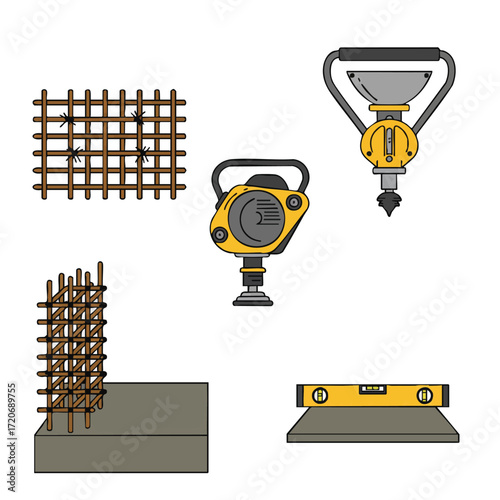 A detailed vector illustration showcasing essential construction tools and materials, including rebar, a plate compactor, a jackhammer, and a spirit level.