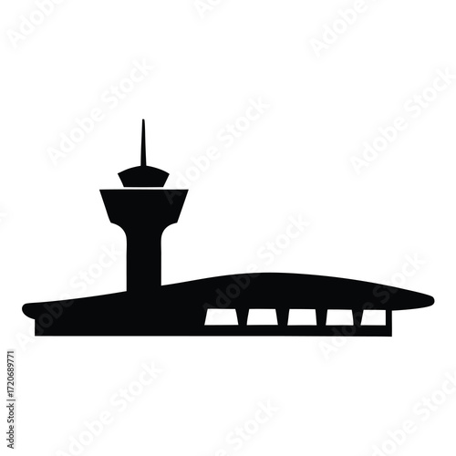 Minimalist airport control tower with adjacent terminal building architecture silhouette