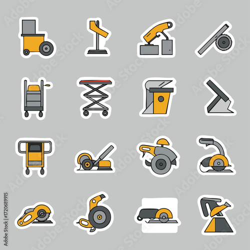 An organized grid of essential industrial tools and construction machinery icons, featuring various saws, lifts, and carts in a clean, modern sticker style.