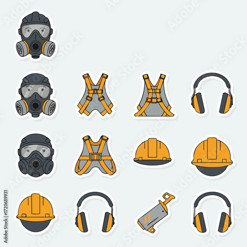 A comprehensive vector illustration presents personal protective equipment icons, including respirators, safety harnesses, hard hats, and ear protection, for industrial safety.