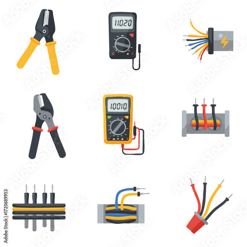 A vibrant collection of essential electrical tools and wiring components are clearly depicted, perfect for illustrating the fundamental aspects of installation and repair.