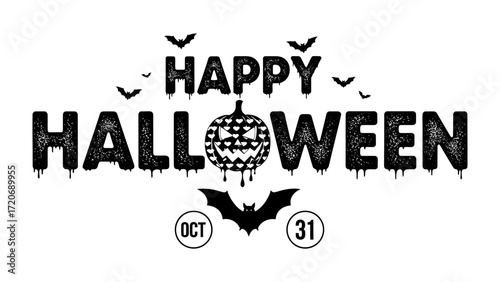 Happy Halloween: Festive and spooky Halloween-themed graphic, featuring classic motifs like jack-o'-lanterns, bats, and the traditional October 31st date, perfect for seasonal celebrations.