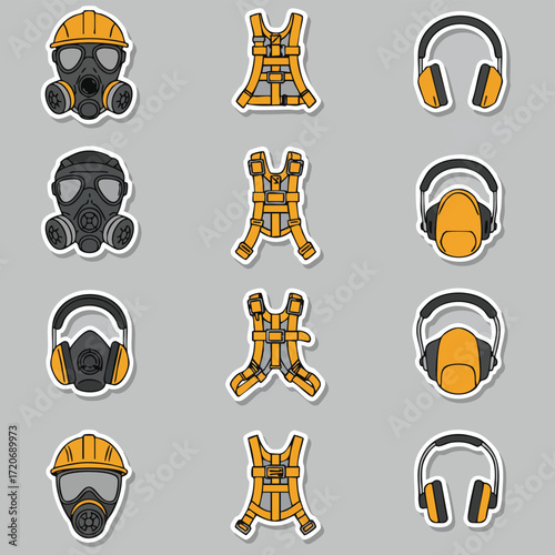 Essential personal protective equipment vector stickers featuring gas masks, fall protection harnesses, and hearing defenders for workplace safety.
