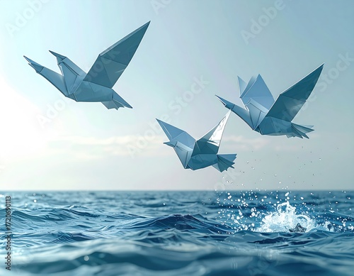 Three origami birds soar over rippling water