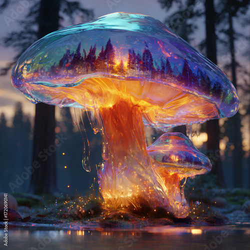 Glowing Glass Mushrooms in Enchanted Forest
