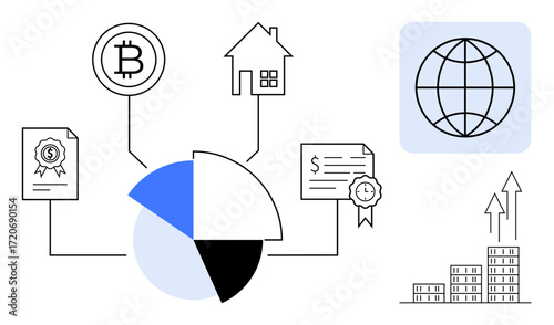 Pie chart linking cryptocurrency, real estate, financial documents, world economy, and investment growth. Ideal for finance, business strategy, portfolio management, global markets blockchain