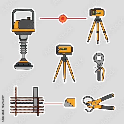 Modern flat design vector stickers illustrate a diverse range of construction and surveying equipment, including laser levels, rebar, and compactors.