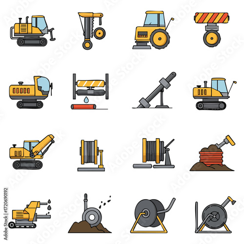 A comprehensive collection of flat design vector icons illustrating various heavy construction machinery, industrial equipment, and engineering tools for infrastructure projects.