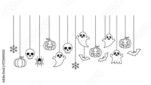 Halloween hanging decorations: A minimalist, line art illustration presents various hanging decorations for the Halloween season. Including elements like spooky ghosts, carved pumpkins, skull, spider.