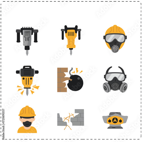 This comprehensive set of flat design icons vividly illustrates essential demolition tools, safety equipment, and destructive processes for construction.