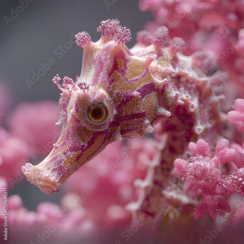 Pink Pygmy Seahorse on Coral Reef