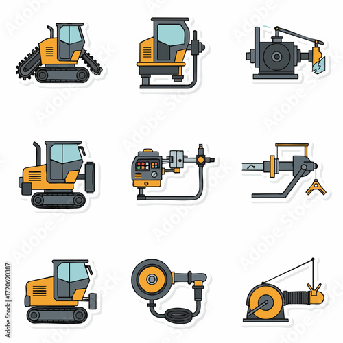 A collection of various industrial machinery and heavy construction equipment icons, depicted in a modern flat design style with a distinct sticker outline.