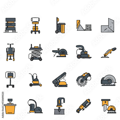 A comprehensive collection of modern flat-design icons illustrating various industrial, construction, and workshop tools for professional use and maintenance tasks.