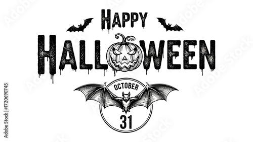Spooky Halloween Imagery: A chilling composition of Halloween elements, featuring a carved pumpkin, bats, and eerie fonts. Evolving festive cheer and autumn festivity.