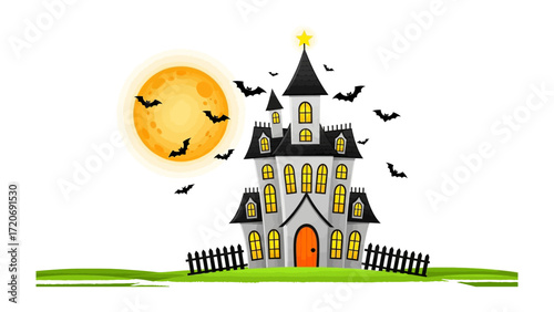 Spooky Haunted House at Halloween: A digitally illustrated scene captures the eerie essence of Halloween, with a haunted house as the central focus, complete with bats, a full moon.