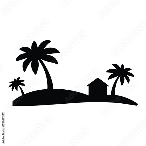 Black Silhouette Tropical Island Scene with Palm Trees and House Graphic