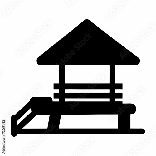 Stylized Black and White Lifeguard Hut Icon with Stairs and Bench