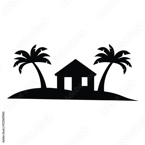 Silhouette image of a beach hut with palm trees on an island