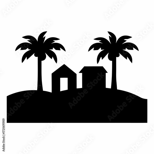Black Silhouette of a Tropical Beach Scene with Palm Trees and Huts